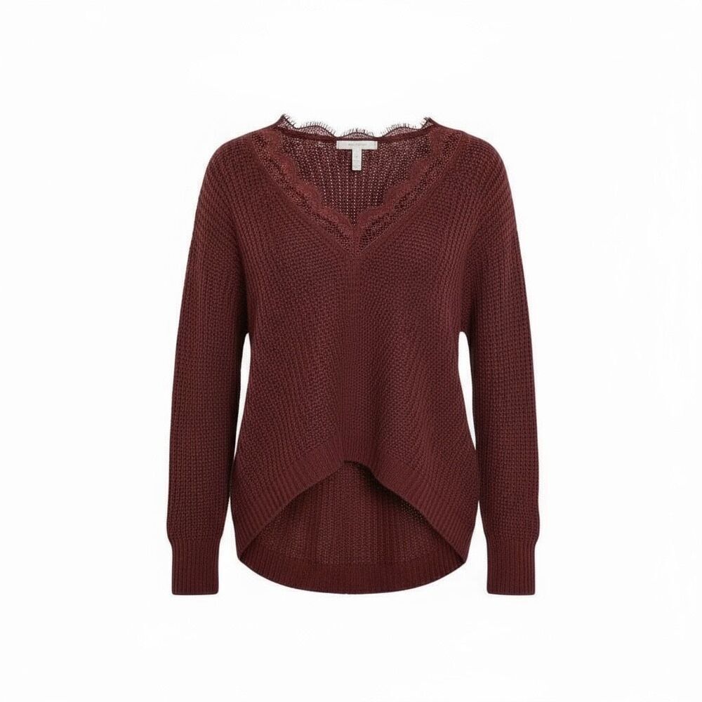 Thinkable Eyelash Lace Double V-Neck Ribbed Knit Pullover Sweater Maroon Sz S/M